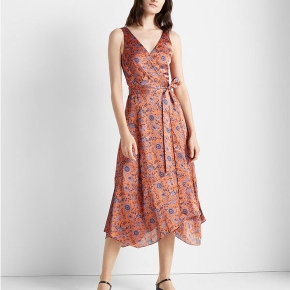 Club Monaco Women Orange Floral Sleeveless Faux Wrap Midi Dress Size 4